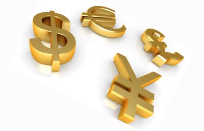значки доллара, евро, йены и фунта